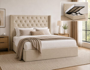 Kootenay Gas Lift Storage Queen Bed Beige Grey Velvet With Pocket Spring Mattress