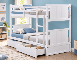 Emma White Bunk Bed Pine Wood With 2x Storage Drawers