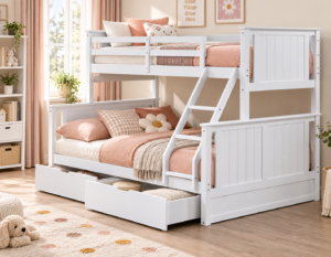 Mika White Bunk Bed Pine Wood With 2x Storage Drawers