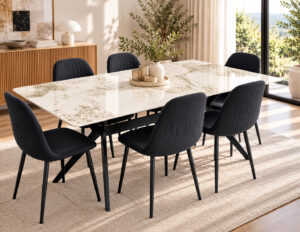 Pandora Marble 6 Seater Dining Set - 180cm Table with Fabric Chairs