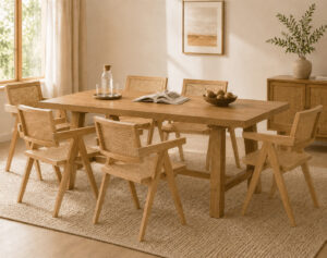 Alaska Ash Wood Dining Set – 6 Seater with Solid Wood Rattan Chairs