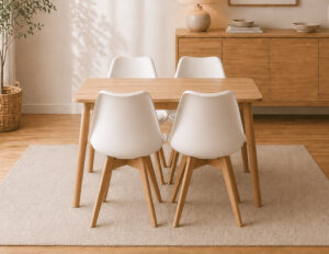 Reese 1.2m Solid Wood Dining Set – 4 Seater with White Chairs