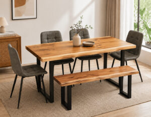 Tasman Solid Wood Dining Set – 6 Seater with Bench Seat & Grey PU Chairs