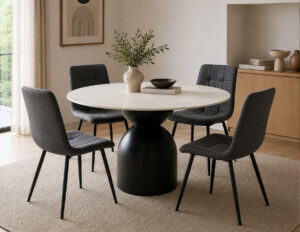 Amelia Round Dining Set 4 Seater - Ceramic Marble Table with PU Leather Chairs