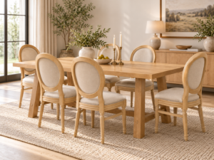 Alaska Ash Wood 6 Seater Dining Set – 180cm Table with French Style Chairs